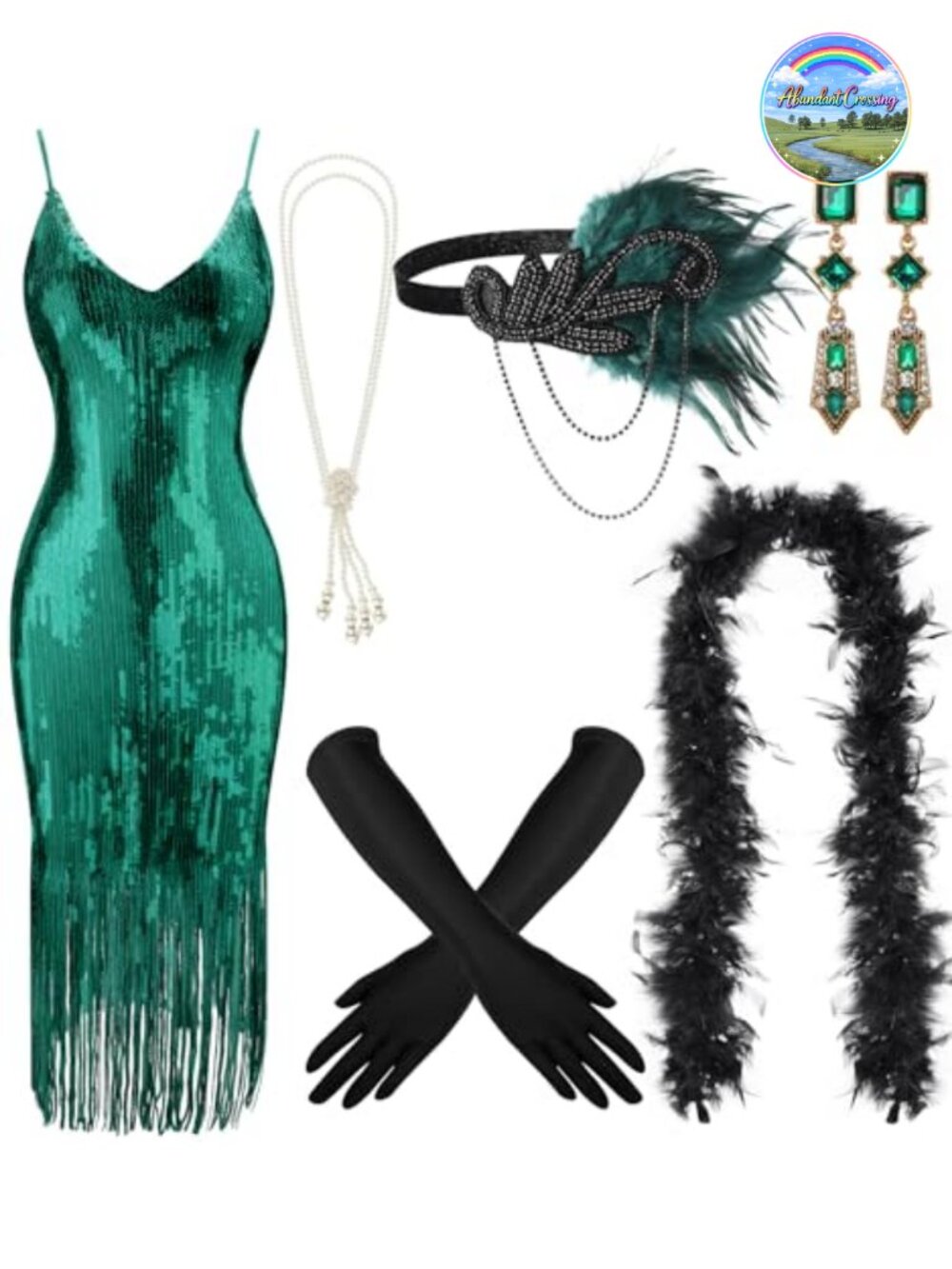 1920s Flapper Sequin Dress Costume Accessory Set Headband Necklace Gloves